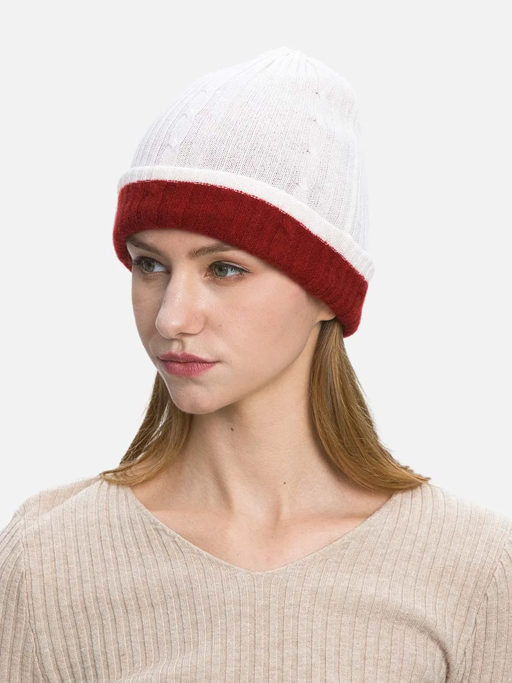 4-Way Cashmere Beanie - White/Wine Red