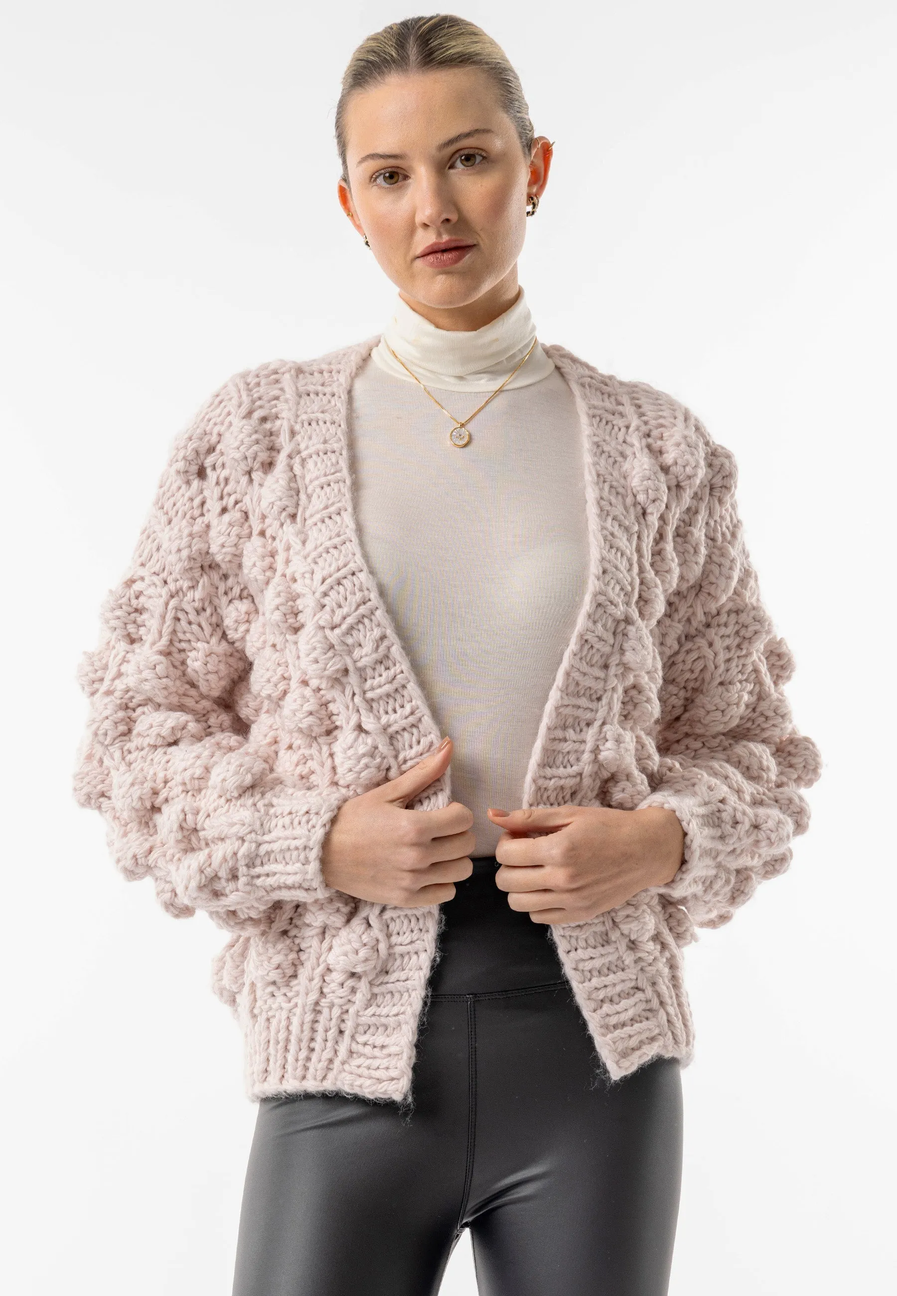 Angeleye Beige Chunky Knit Cardigan With Pom Poms