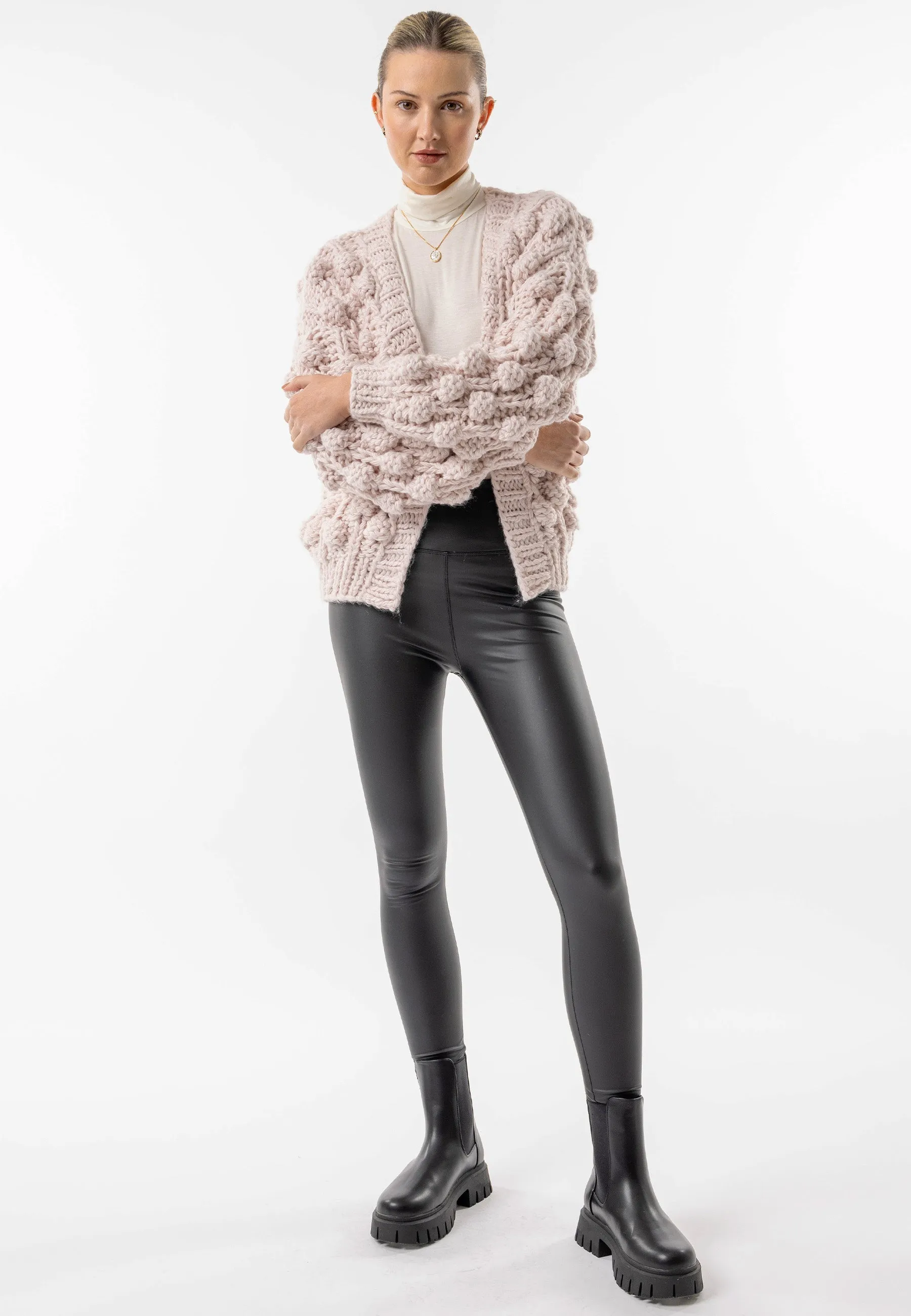 Angeleye Beige Chunky Knit Cardigan With Pom Poms