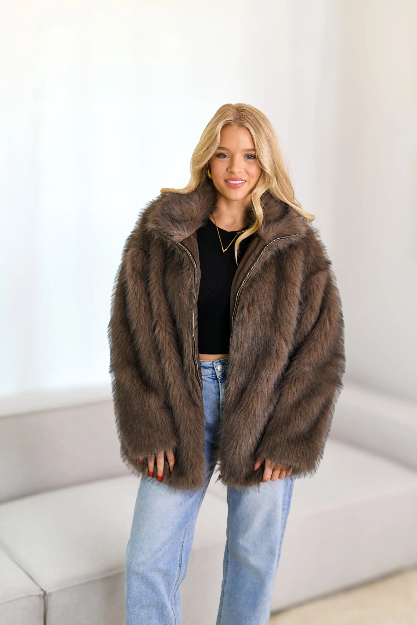 Annabell Fur Oversized Coat-Brown