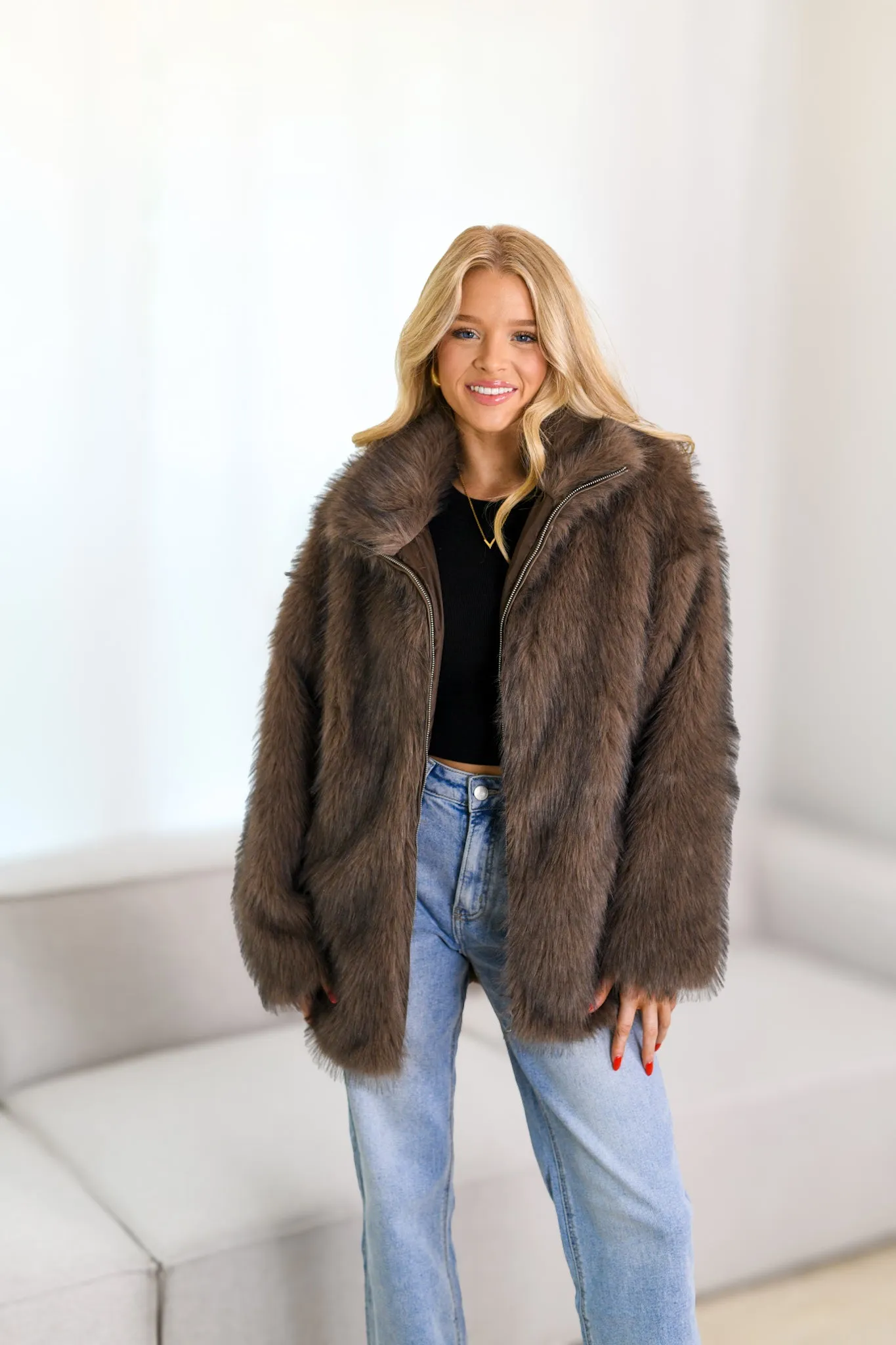 Annabell Fur Oversized Coat-Brown