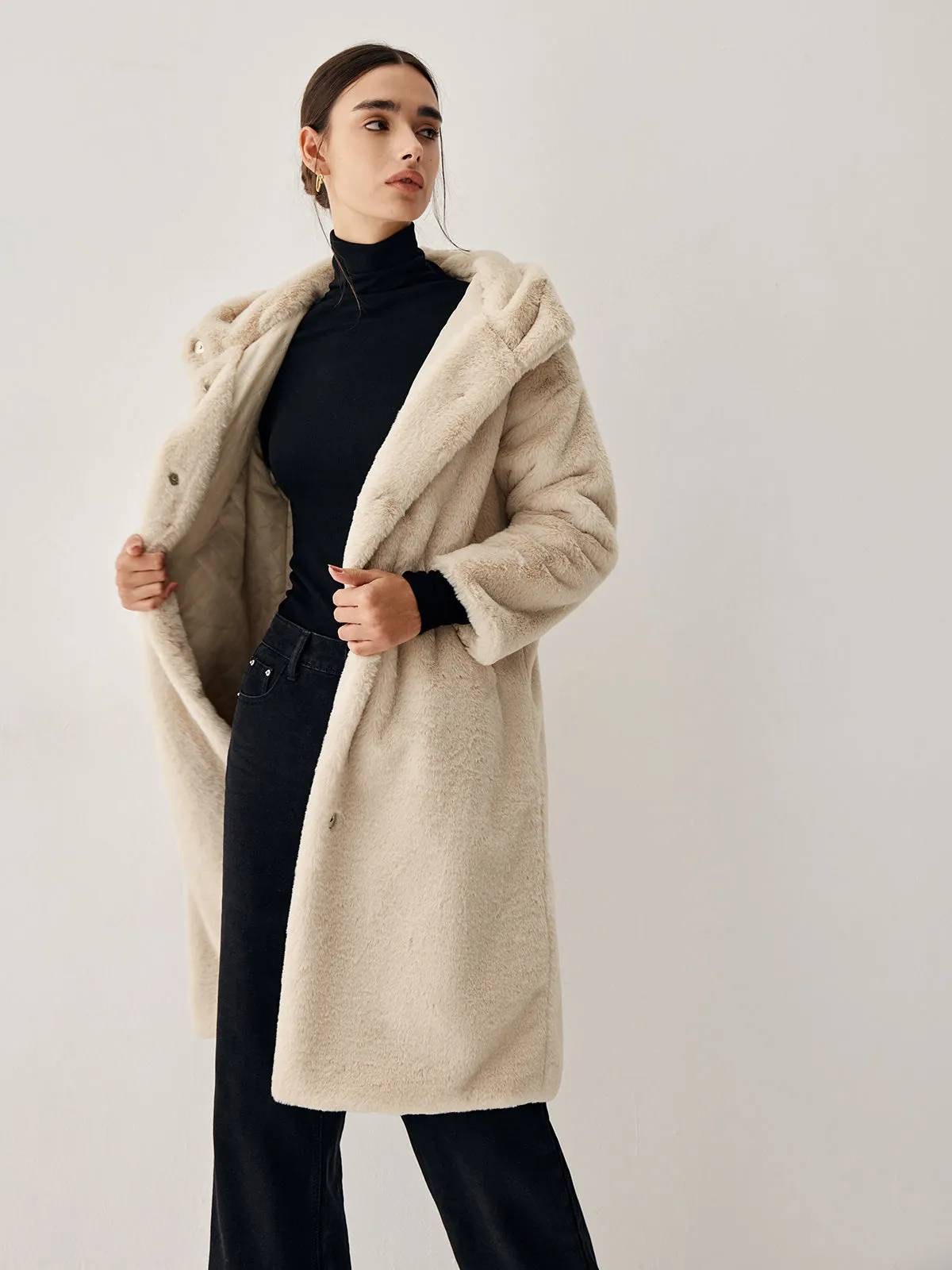 Apricot Faux Fur Trendy Hooded Longline Coat