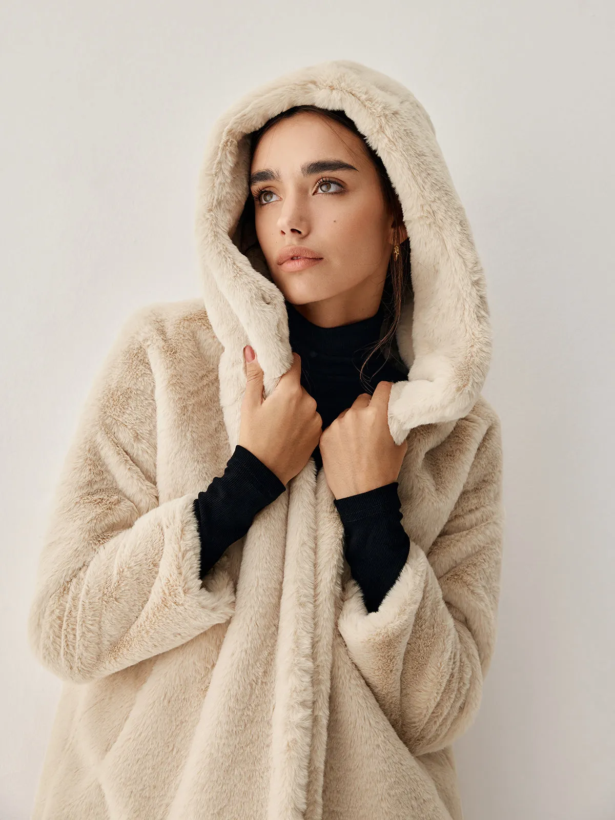 Apricot Faux Fur Trendy Hooded Longline Coat