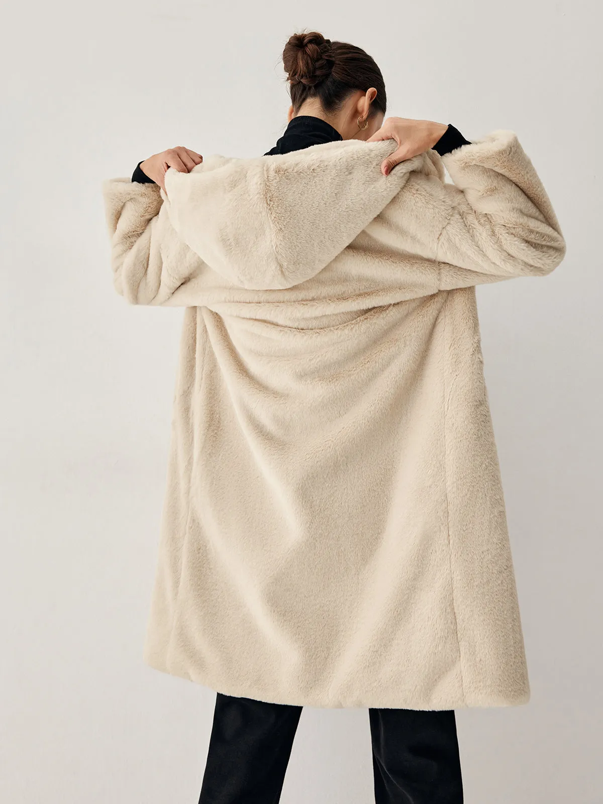 Apricot Faux Fur Trendy Hooded Longline Coat