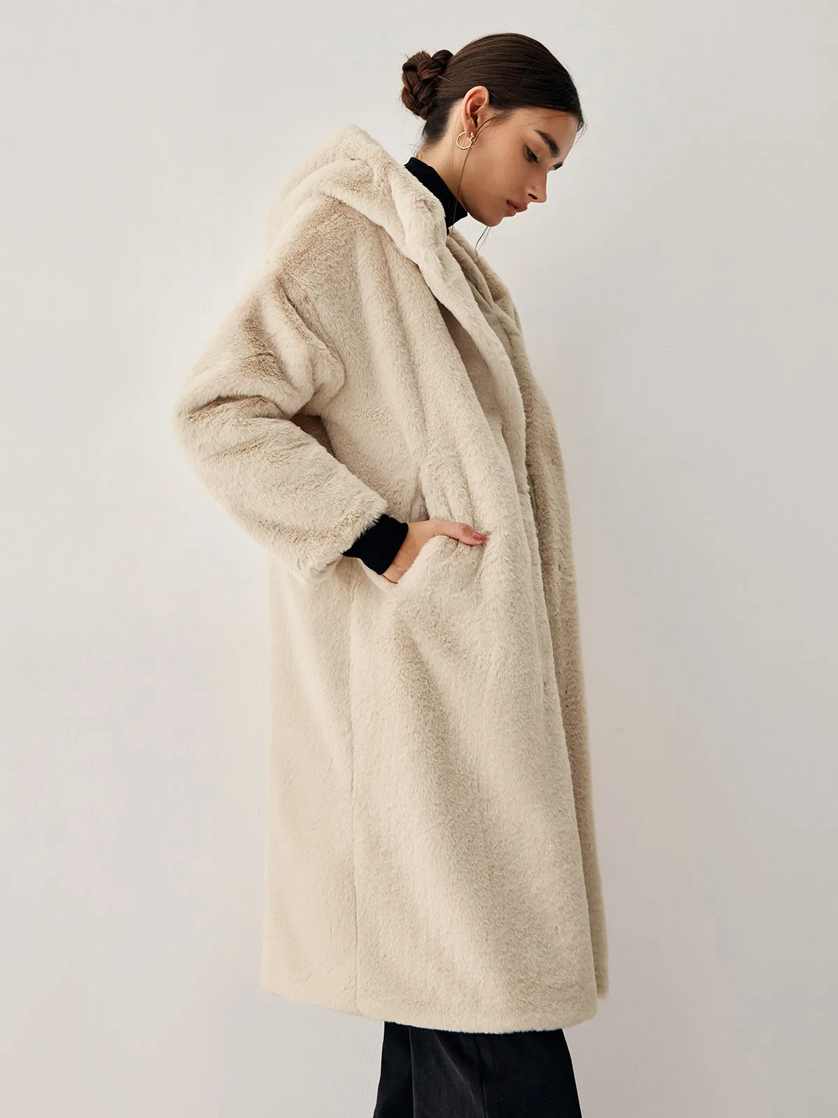 Apricot Faux Fur Trendy Hooded Longline Coat