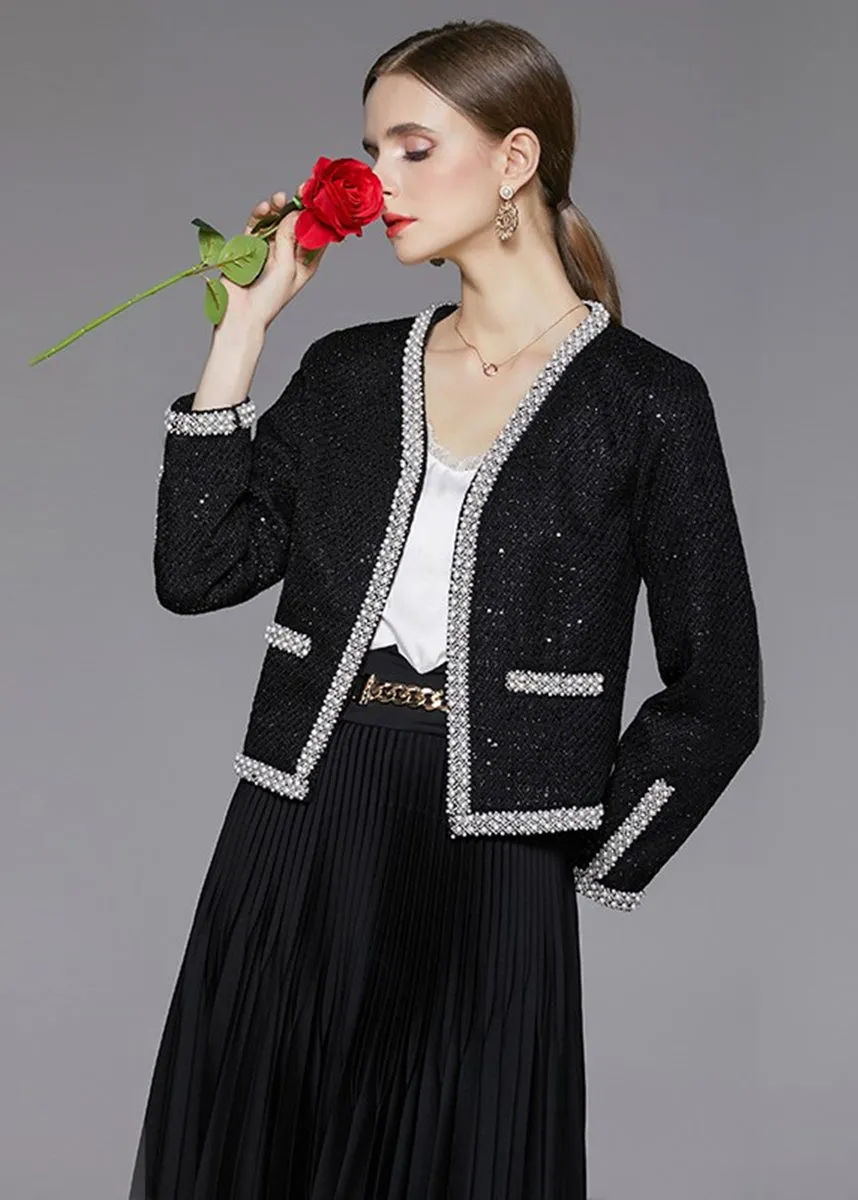 Black Beaded Trim Sequin Short Tweed Jacket