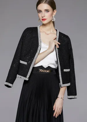 Black Beaded Trim Sequin Short Tweed Jacket