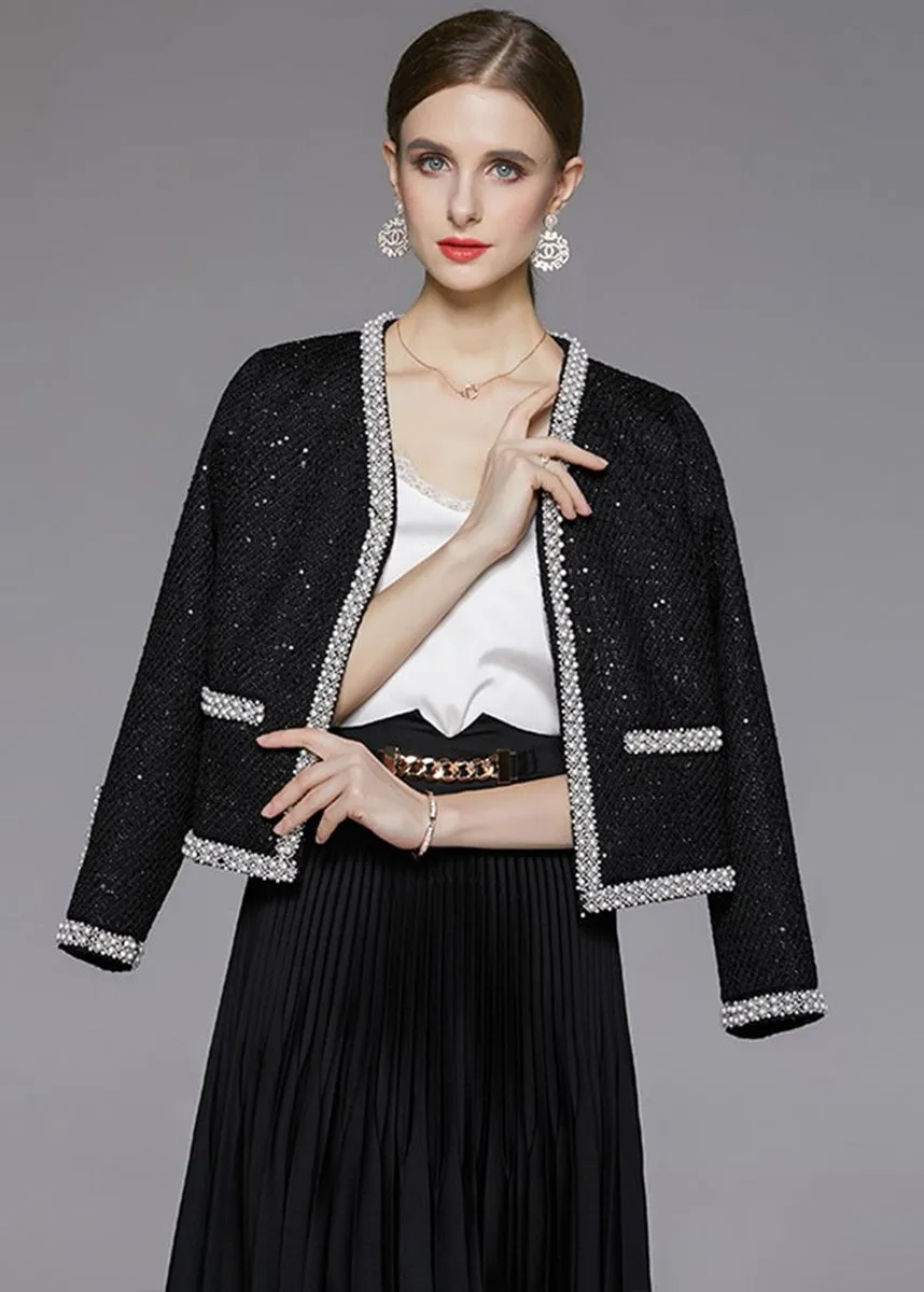 Black Beaded Trim Sequin Short Tweed Jacket