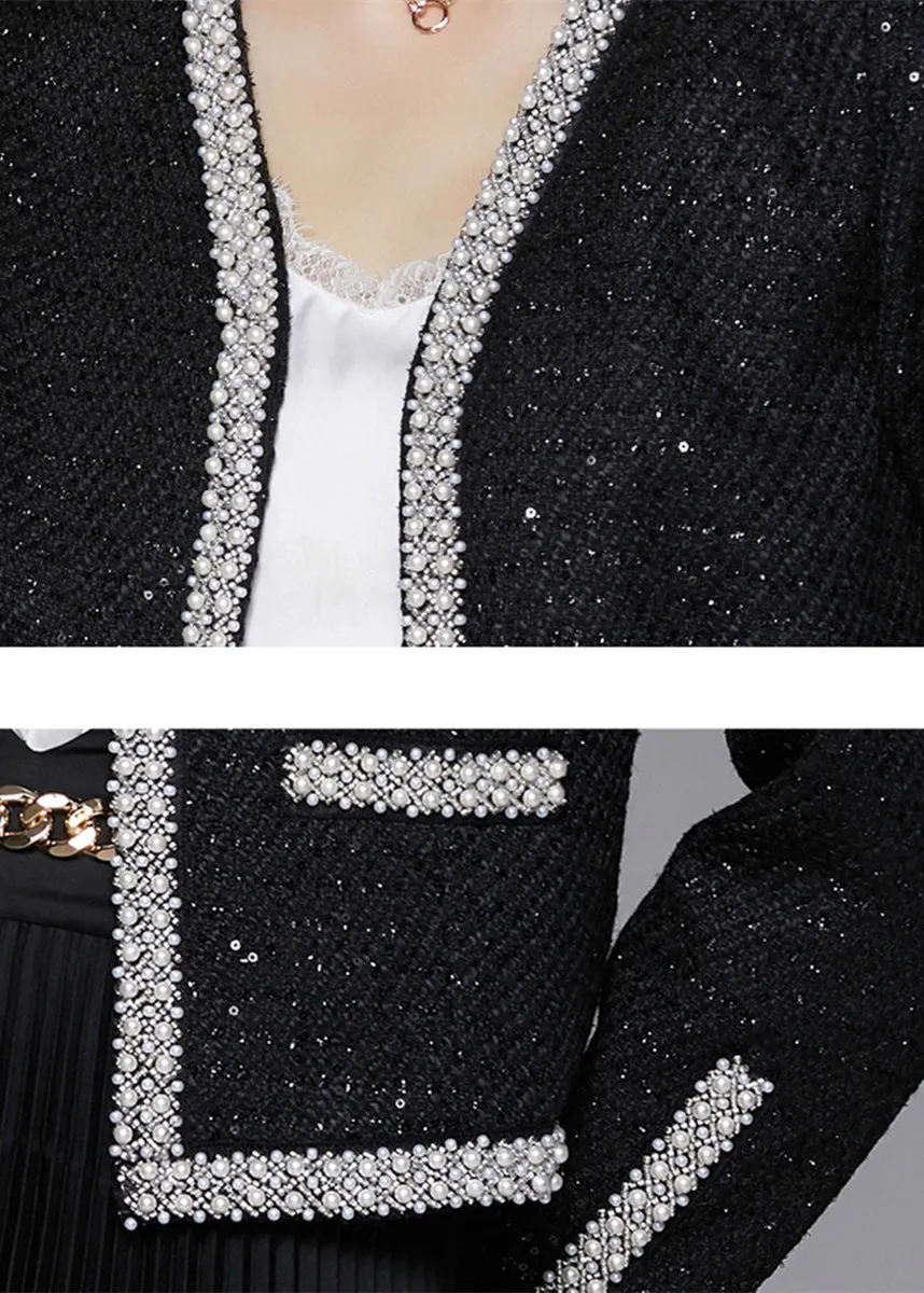 Black Beaded Trim Sequin Short Tweed Jacket