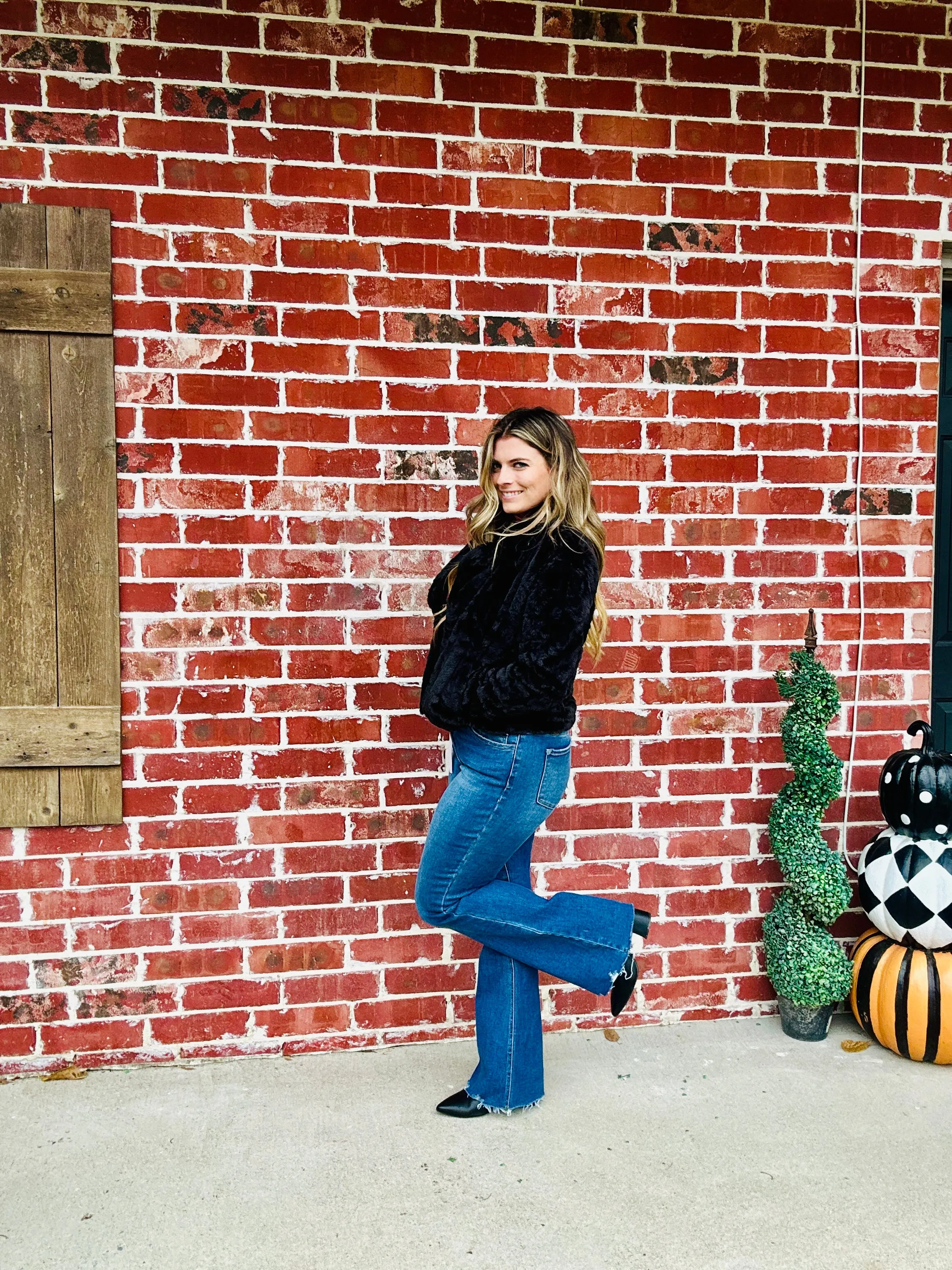 Black Collared Striped Fur Coat