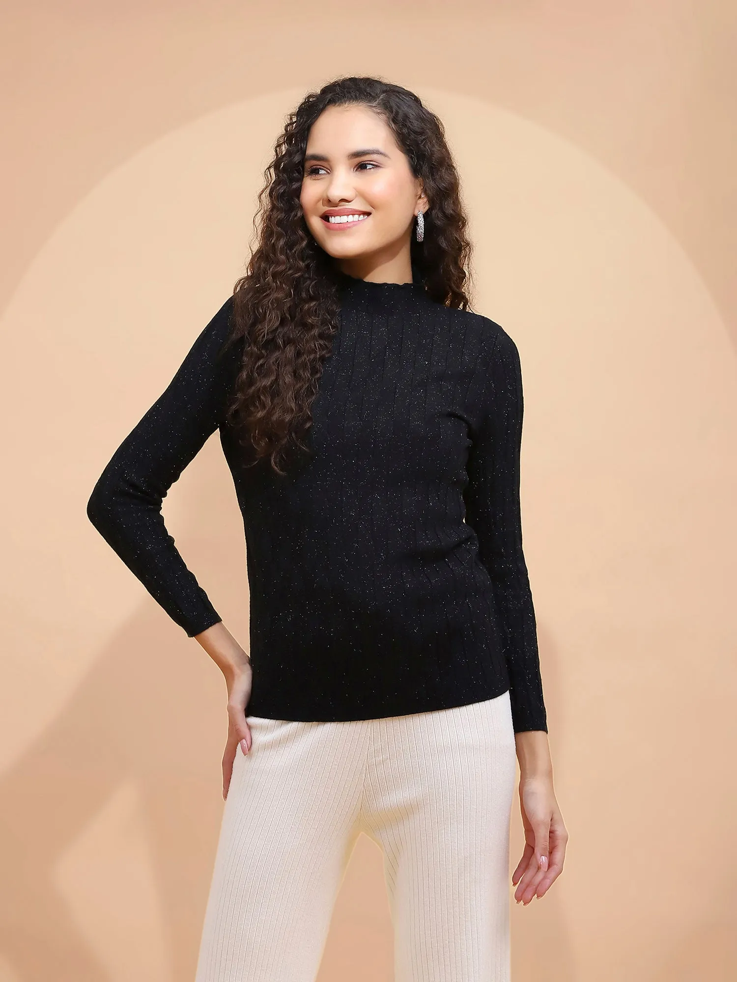 Black Solid Poly Viscose Slim Fit High Neck Skivvy Pullover