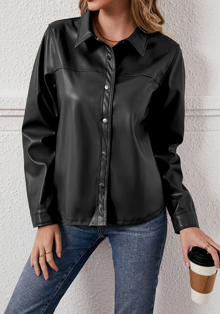 Black Women's Faux Leather Street Style Long Sleeves Vegan Moto Biker Coat