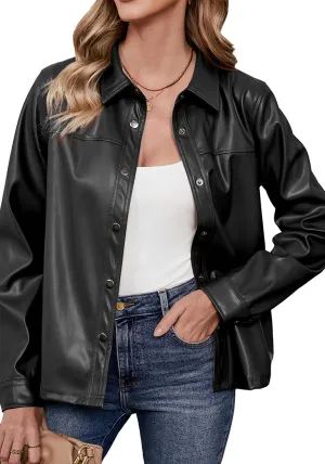 Black Women's Faux Leather Street Style Long Sleeves Vegan Moto Biker Coat