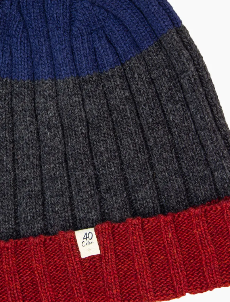 Blue & Burgundy Striped Ribbed Wool & Cashmere Beanie