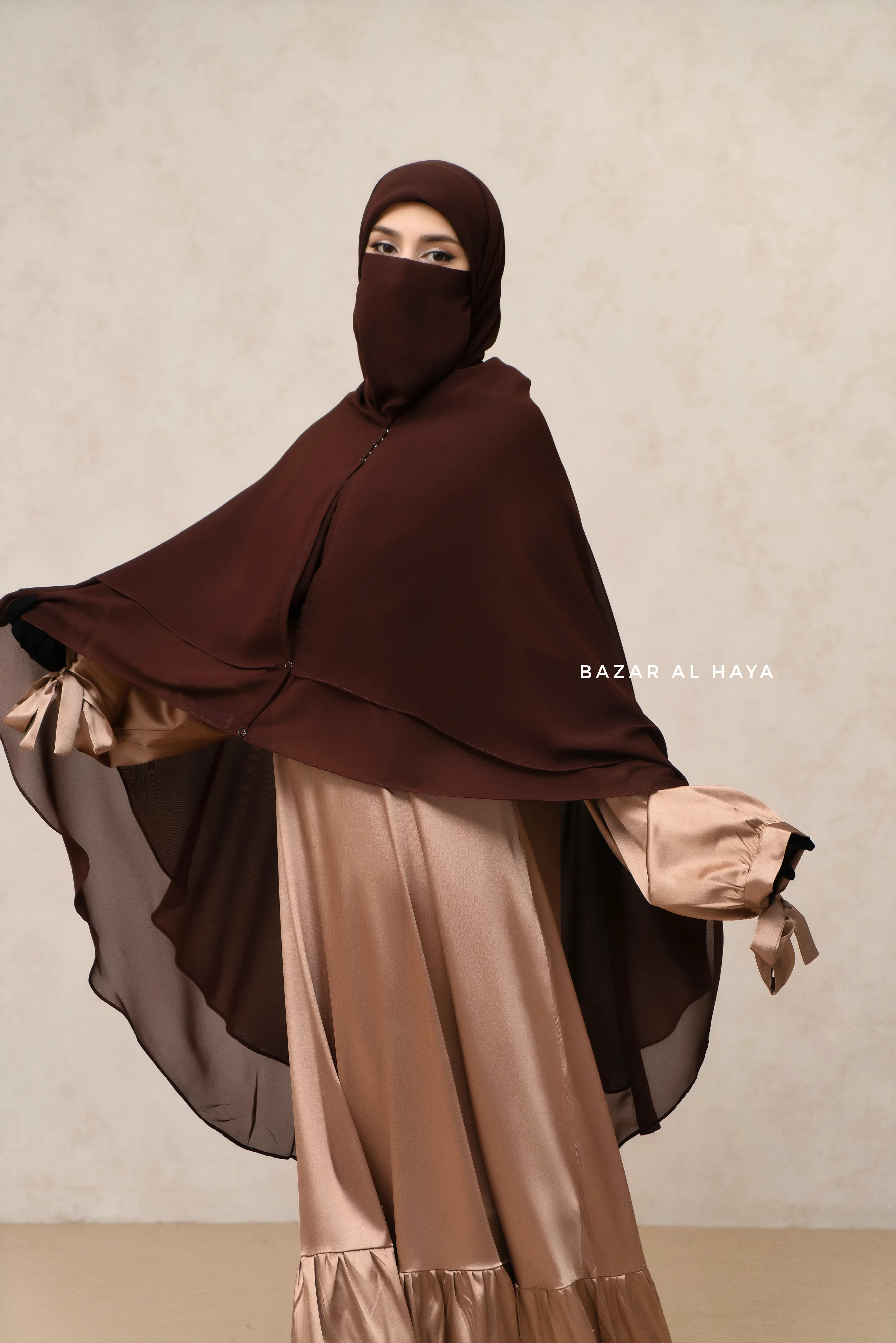 Brown Two Layered Snap Scarf, Khimar, Cape - Super Soft - 3 in 1