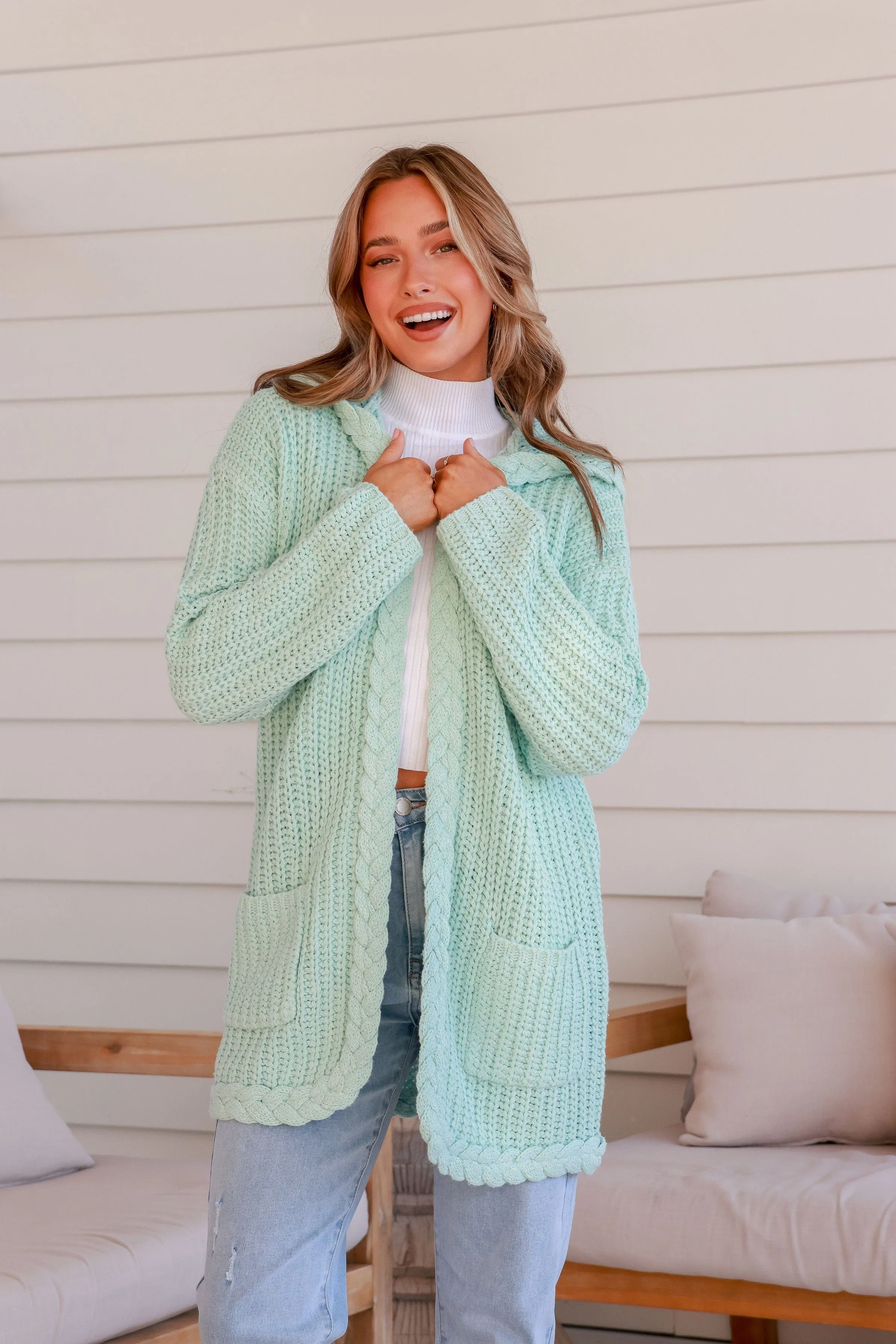 Chunky Plait Pocket Cardigan - Mint