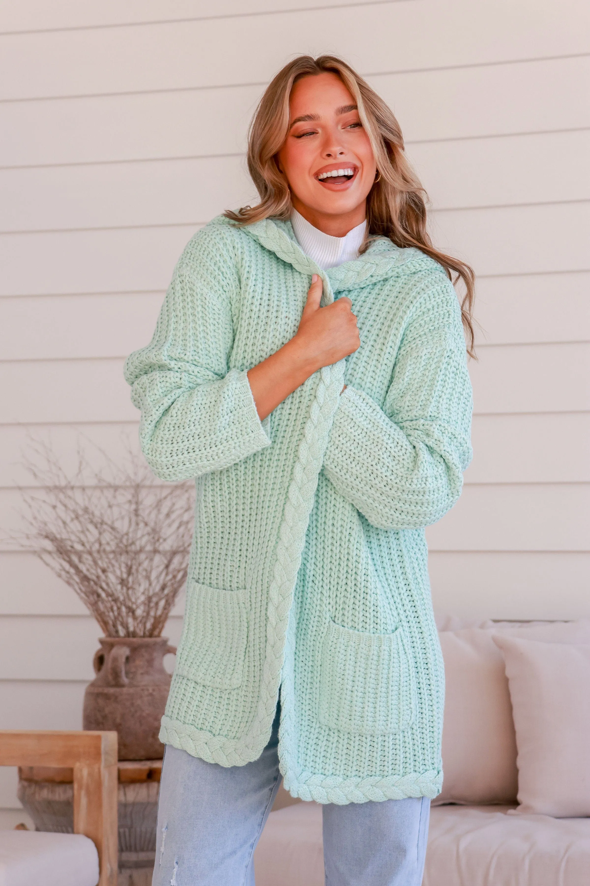 Chunky Plait Pocket Cardigan - Mint