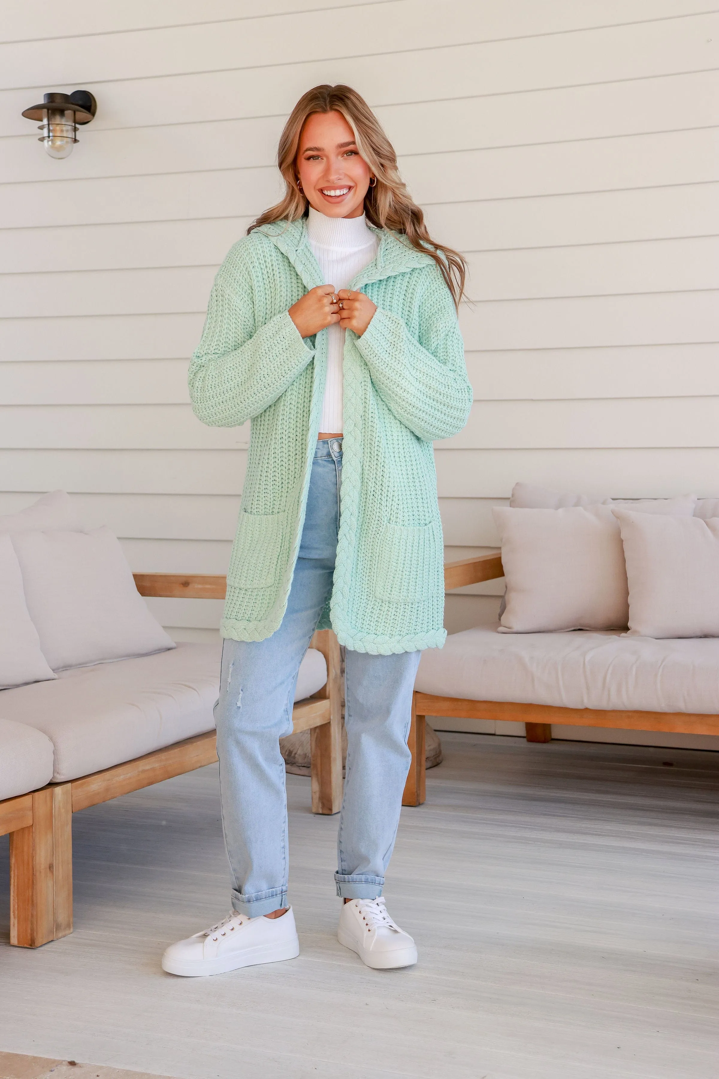 Chunky Plait Pocket Cardigan - Mint