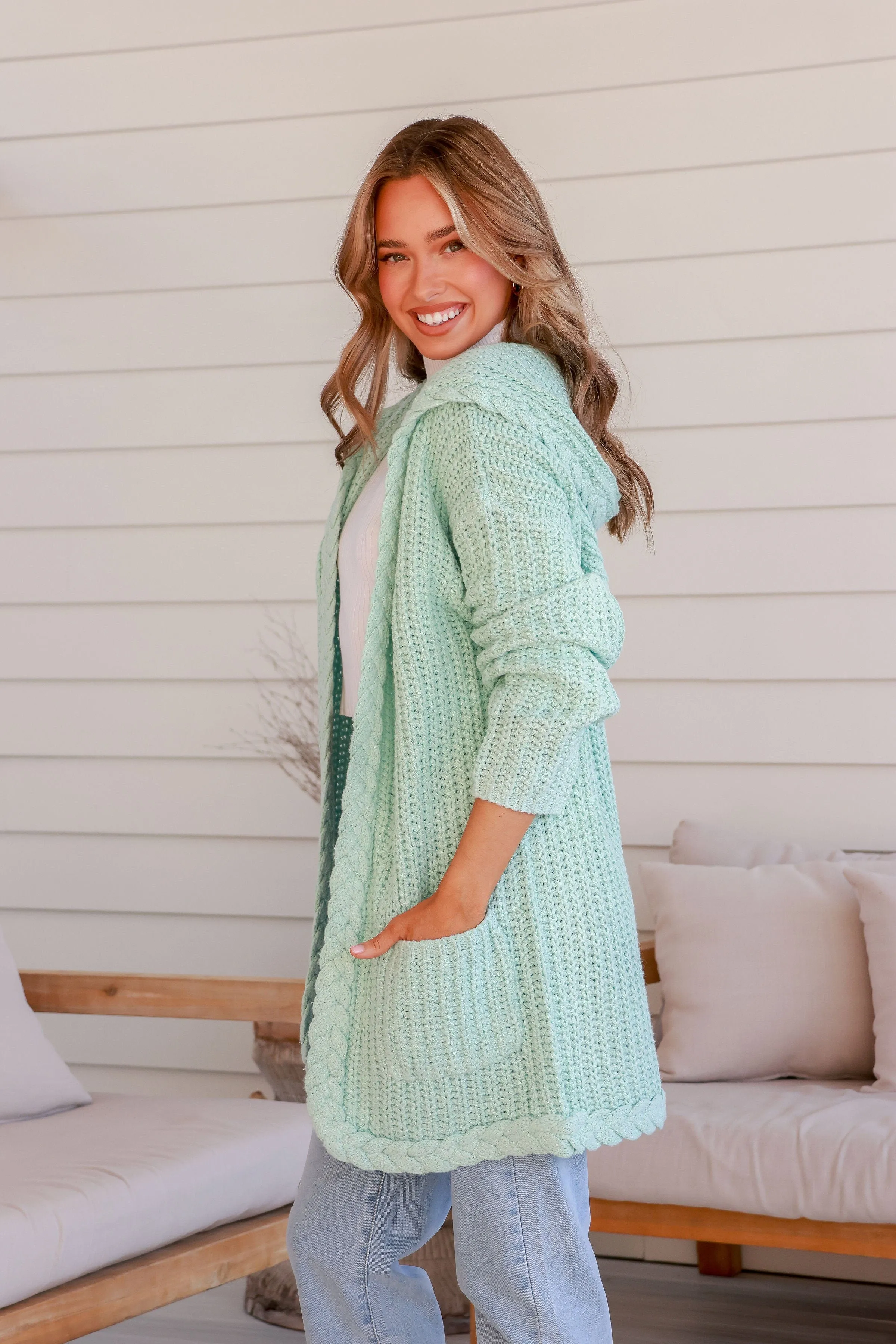 Chunky Plait Pocket Cardigan - Mint