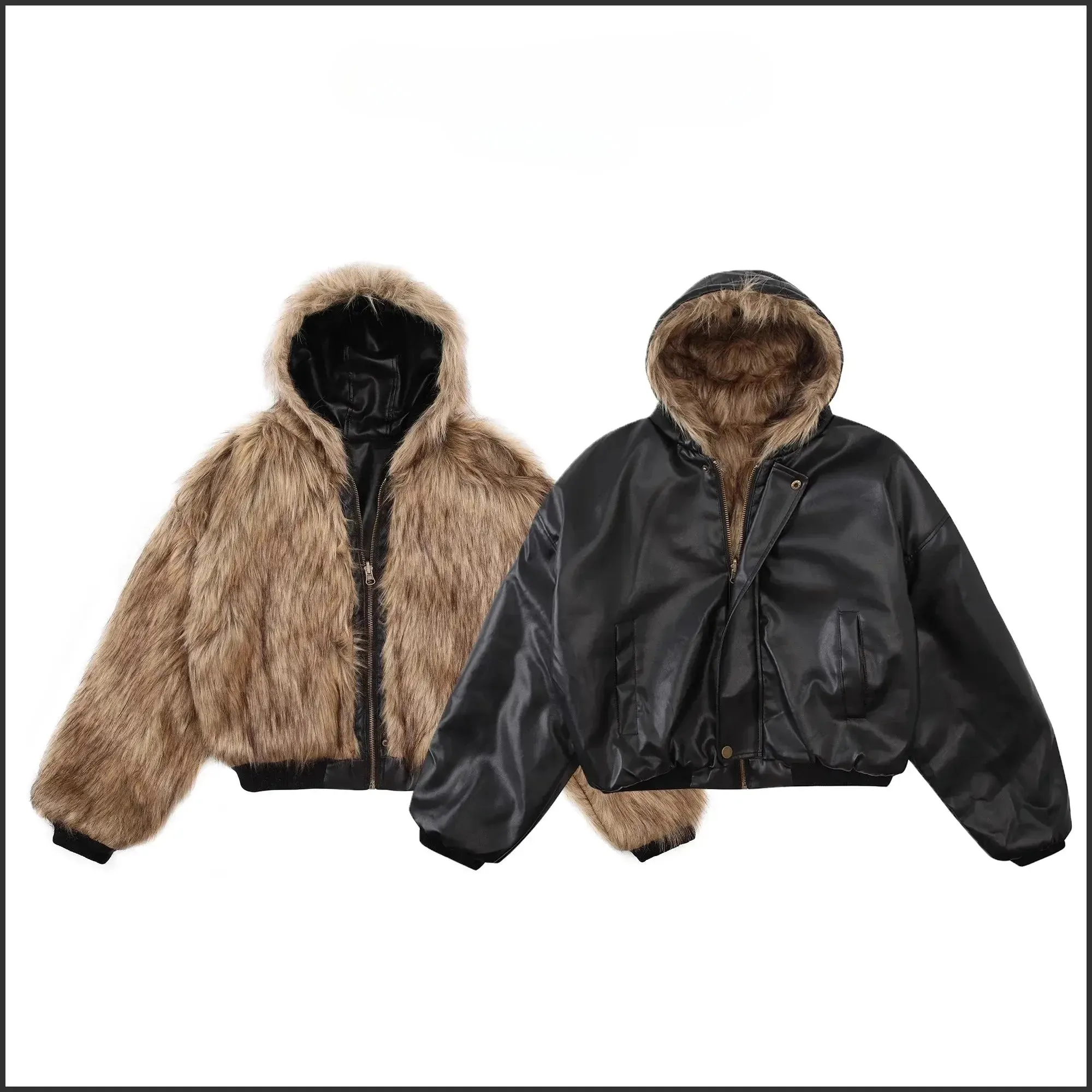 Cropped Reversible Hooded Faux Fur Jacket