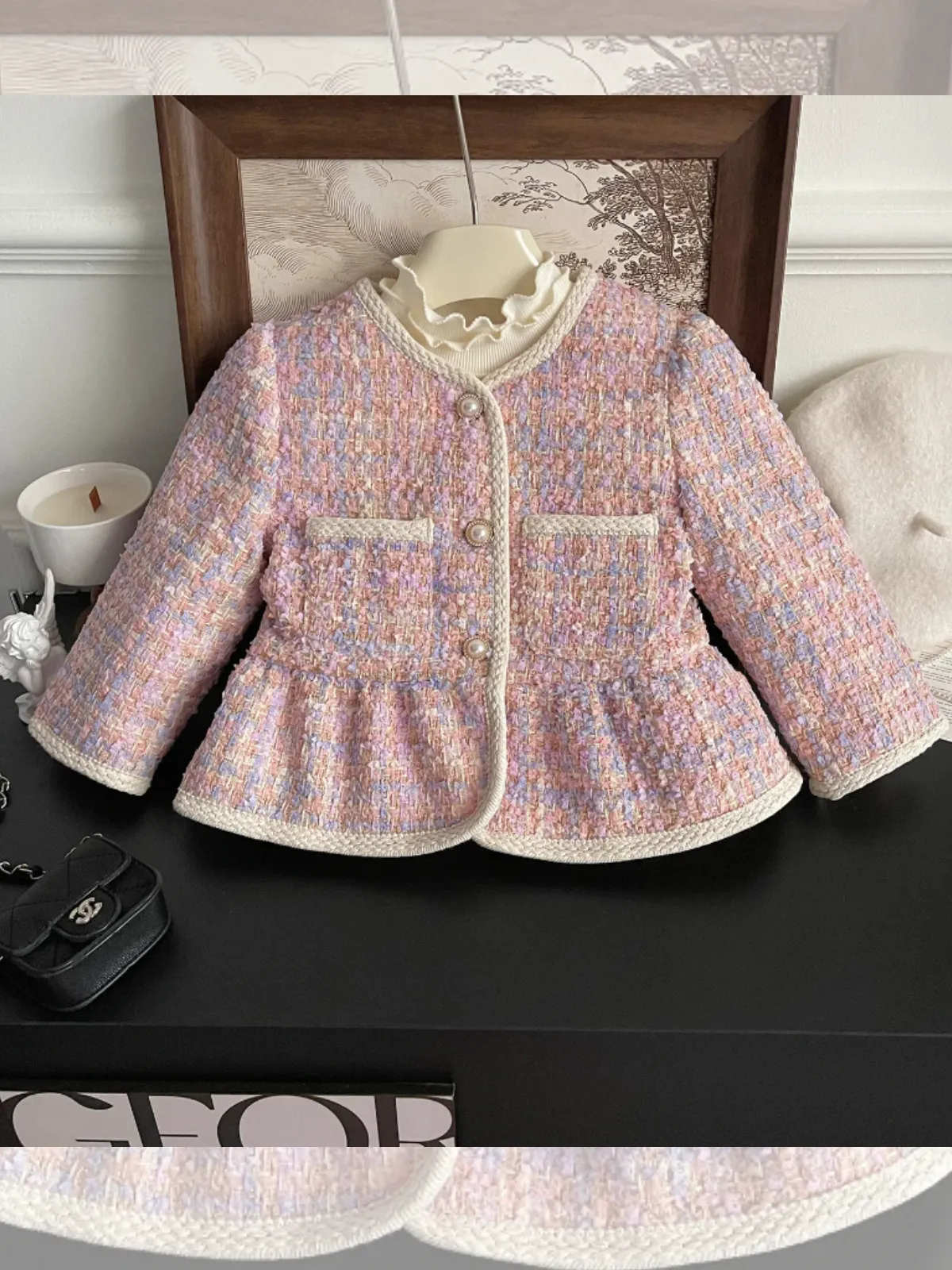 Elegant Pastel Tweed Girls' Peplum Jacket with Pearl Buttons