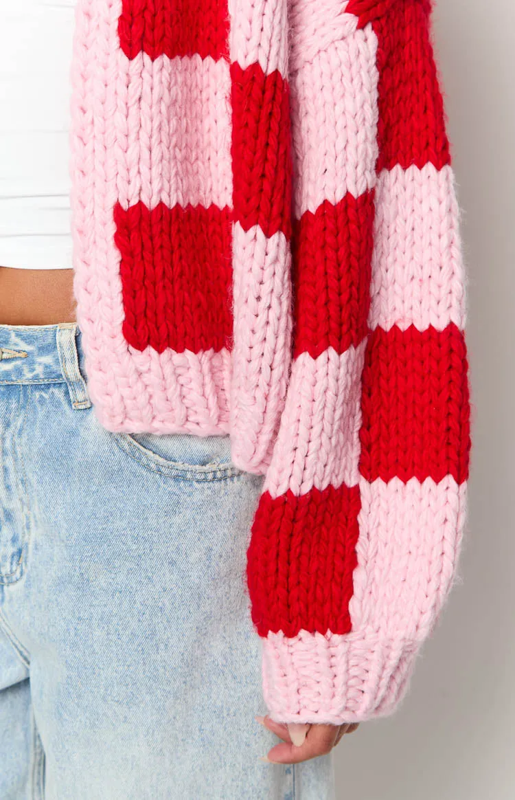 Envi Pink And Red Checkered Knit Cardigan