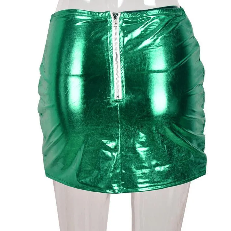 Green Womens Puffer Skirt Metallic Shiny Warm Quilted