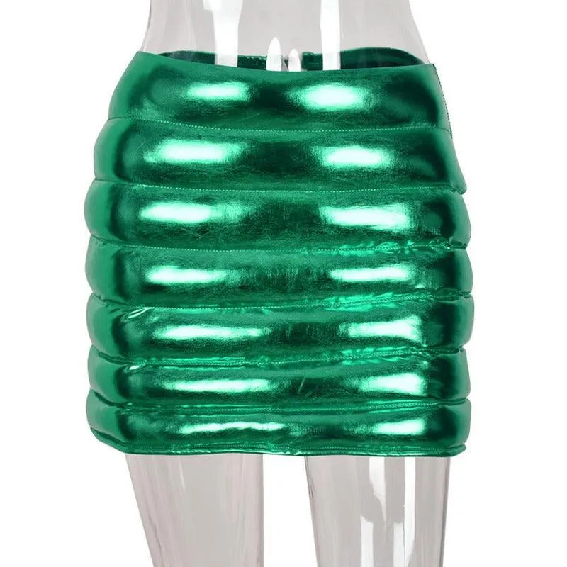 Green Womens Puffer Skirt Metallic Shiny Warm Quilted