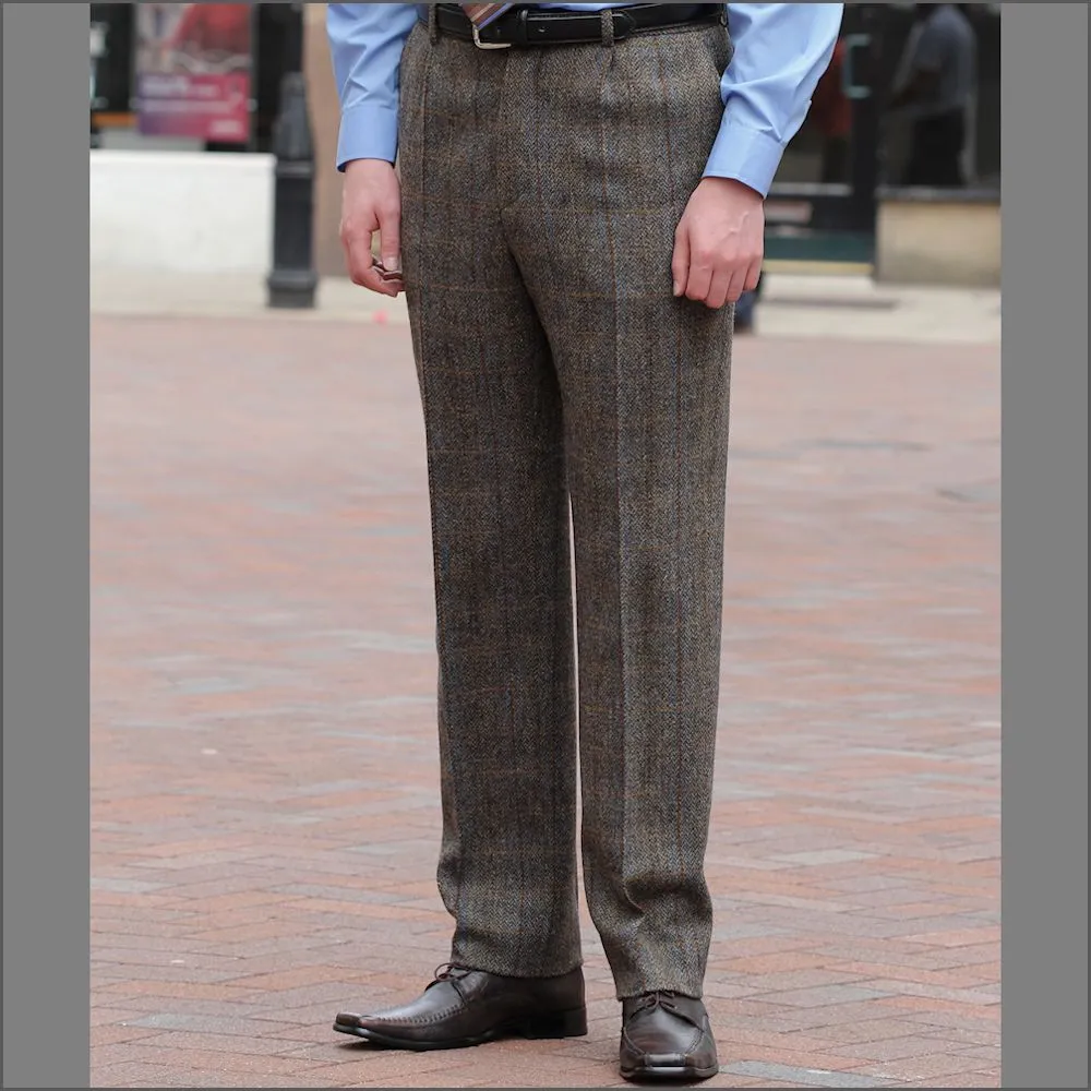 Harris Tweed Brown, Blue Herringbone Trousers--