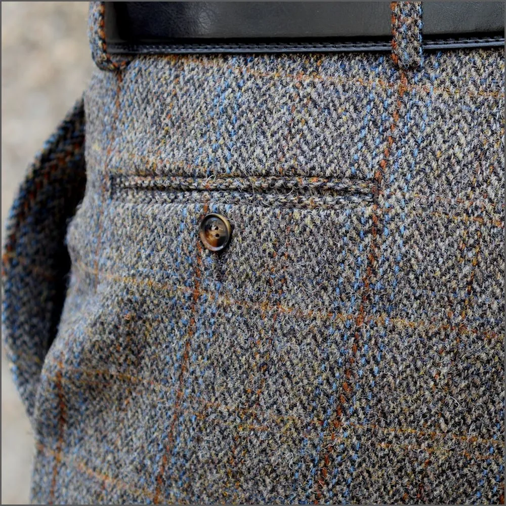 Harris Tweed Brown, Blue Herringbone Trousers--