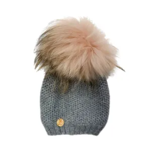 Honeycomb Grey Cashmere Beanie Hats - Pink Pom