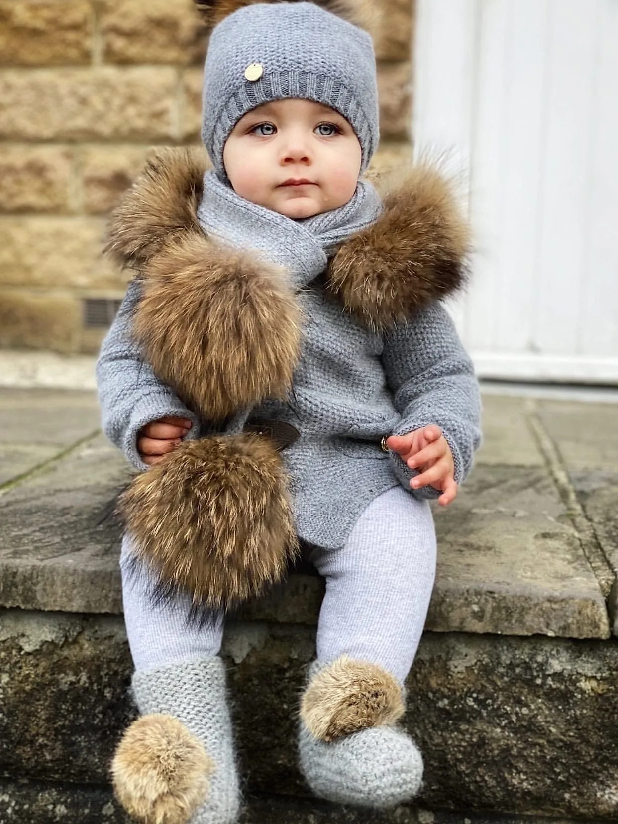 Honeycomb Grey Cashmere Pram Coat with Natural Trim