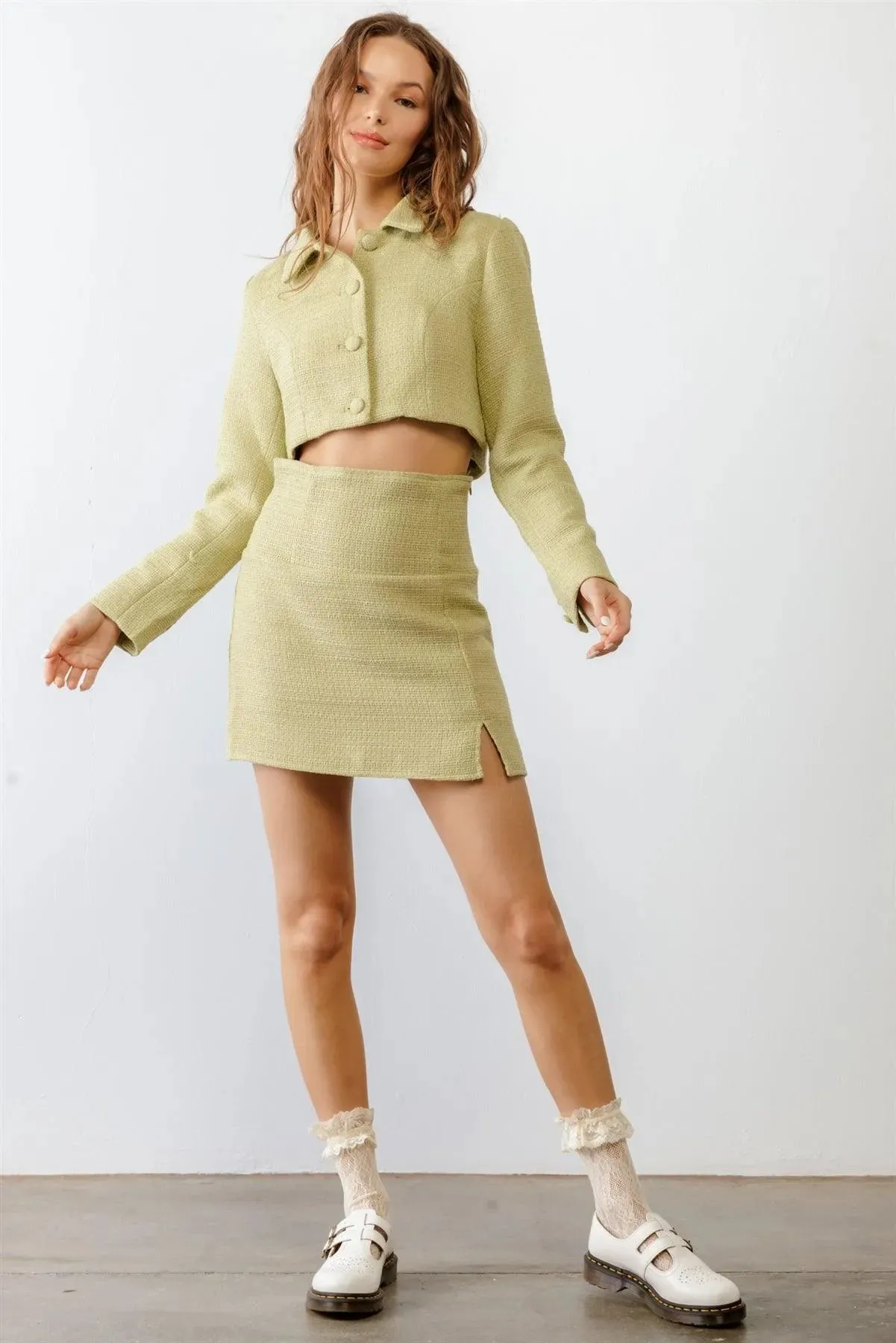 Light Green Tweed Button-Up Collared Neck Cropped Jacket & High Waist Skirt Set /1-2-2-1