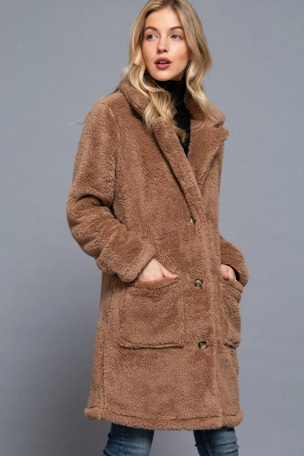 Long Sleeve Notched Collar Patch Pocket Sherpa Coat