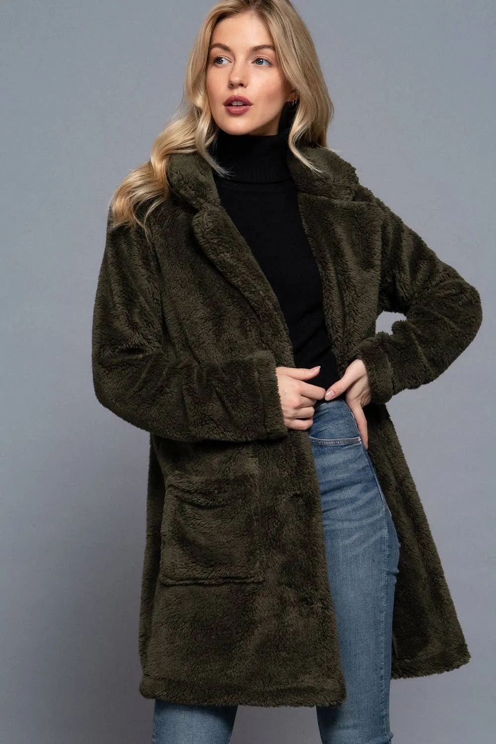 Long Sleeve Notched Collar Patch Pocket Sherpa Coat