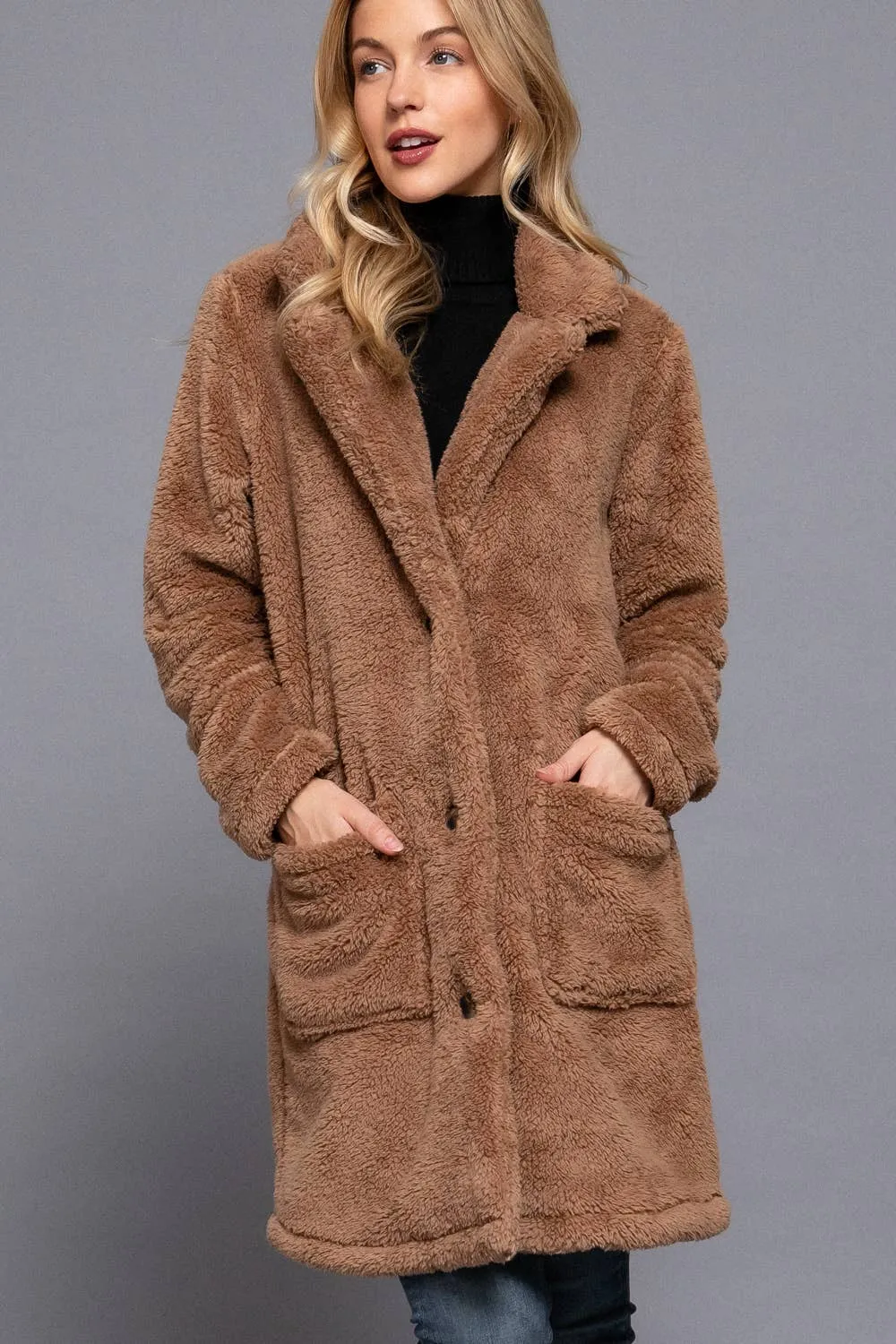 Long Sleeve Notched Collar Patch Pocket Sherpa Coat