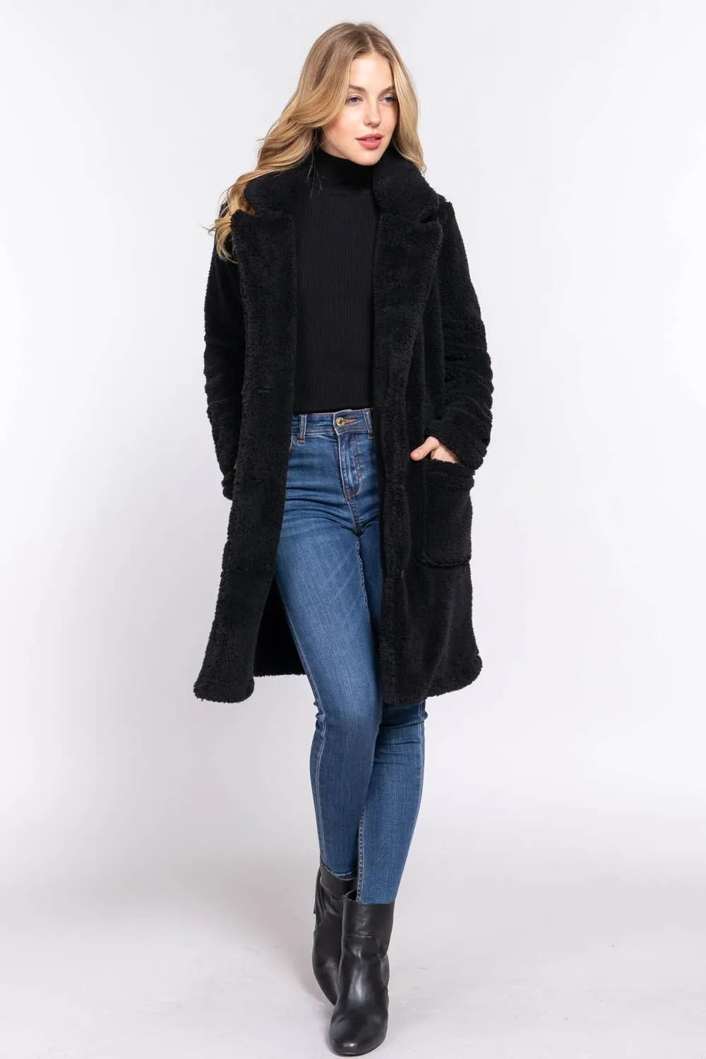 Long Sleeve Notched Collar Patch Pocket Sherpa Coat