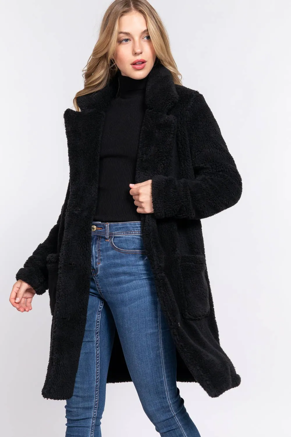 Long Sleeve Notched Collar Patch Pocket Sherpa Coat