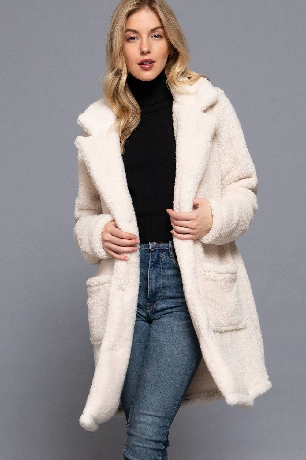 Long Sleeve Notched Collar Patch Pocket Sherpa Coat