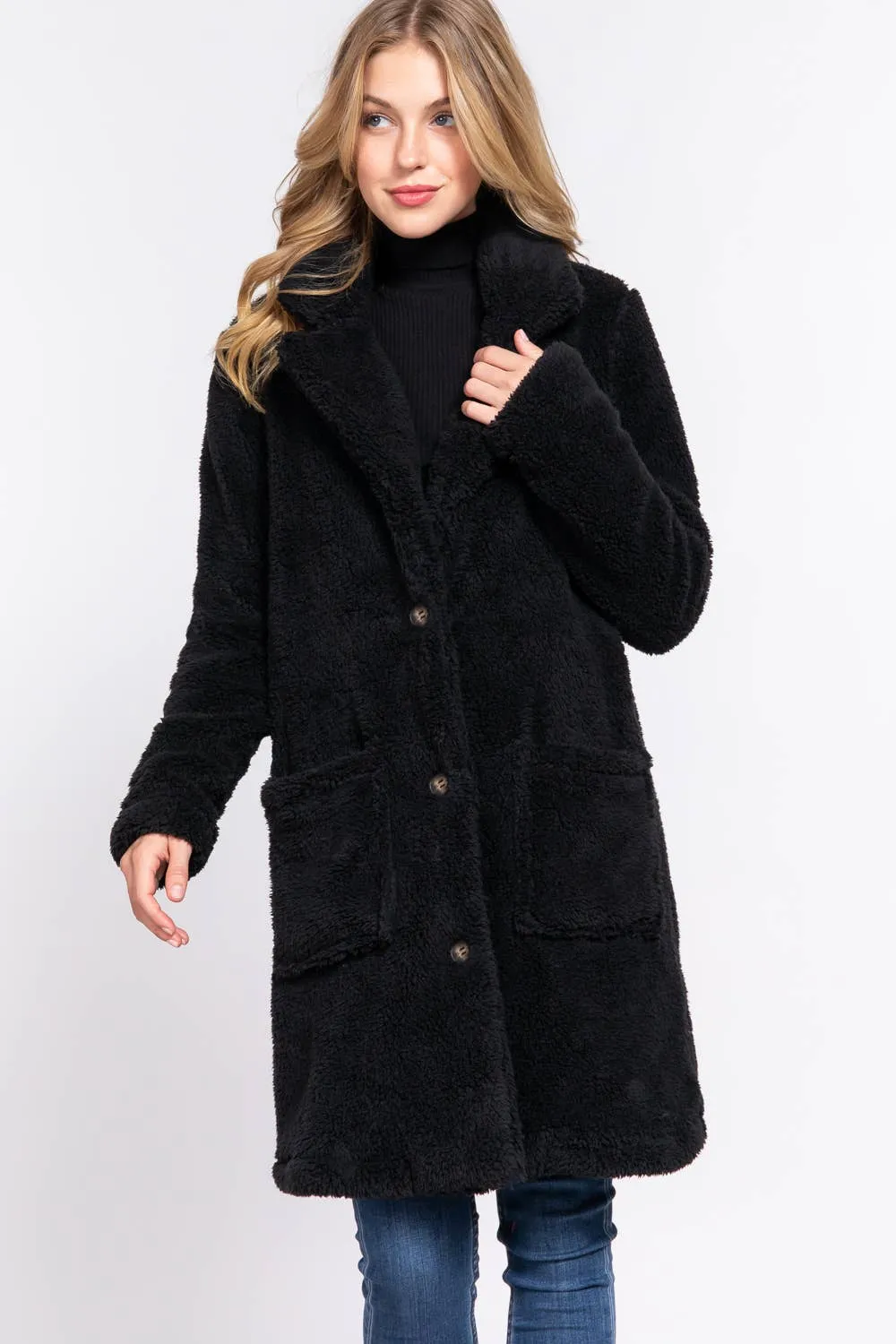 Long Sleeve Notched Collar Patch Pocket Sherpa Coat