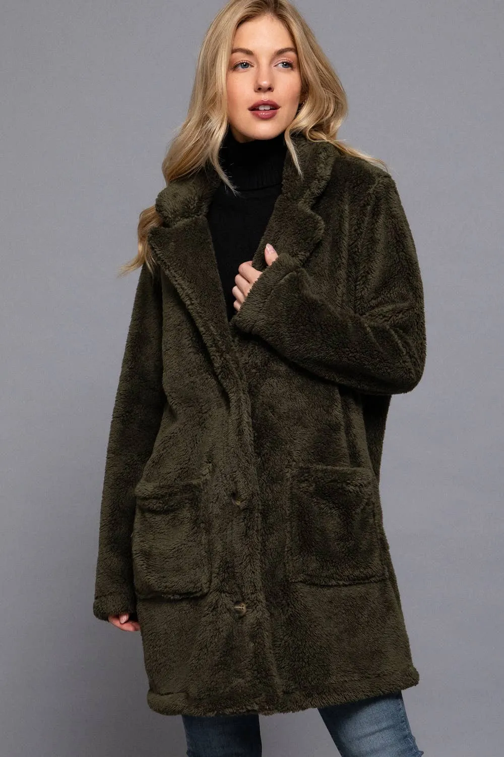 Long Sleeve Notched Collar Patch Pocket Sherpa Coat