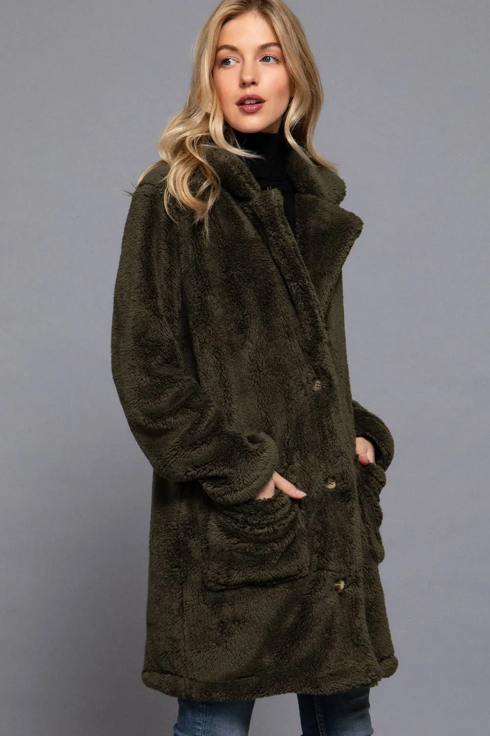 Long Sleeve Notched Collar Patch Pocket Sherpa Coat