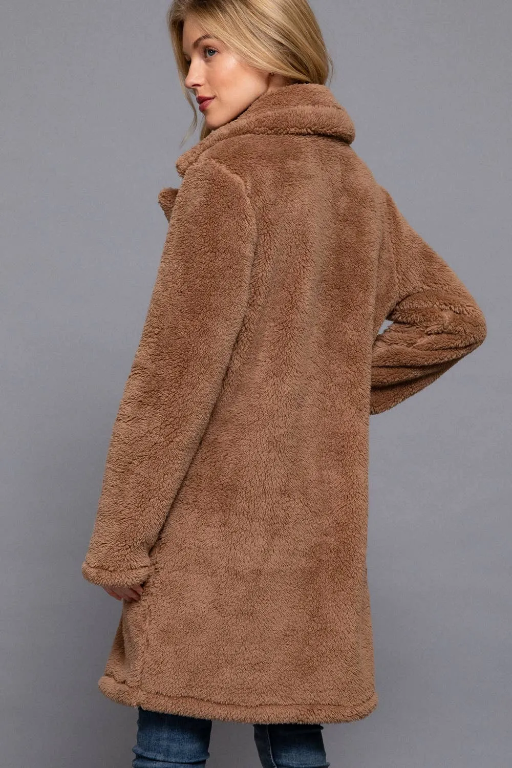 Long Sleeve Notched Collar Patch Pocket Sherpa Coat