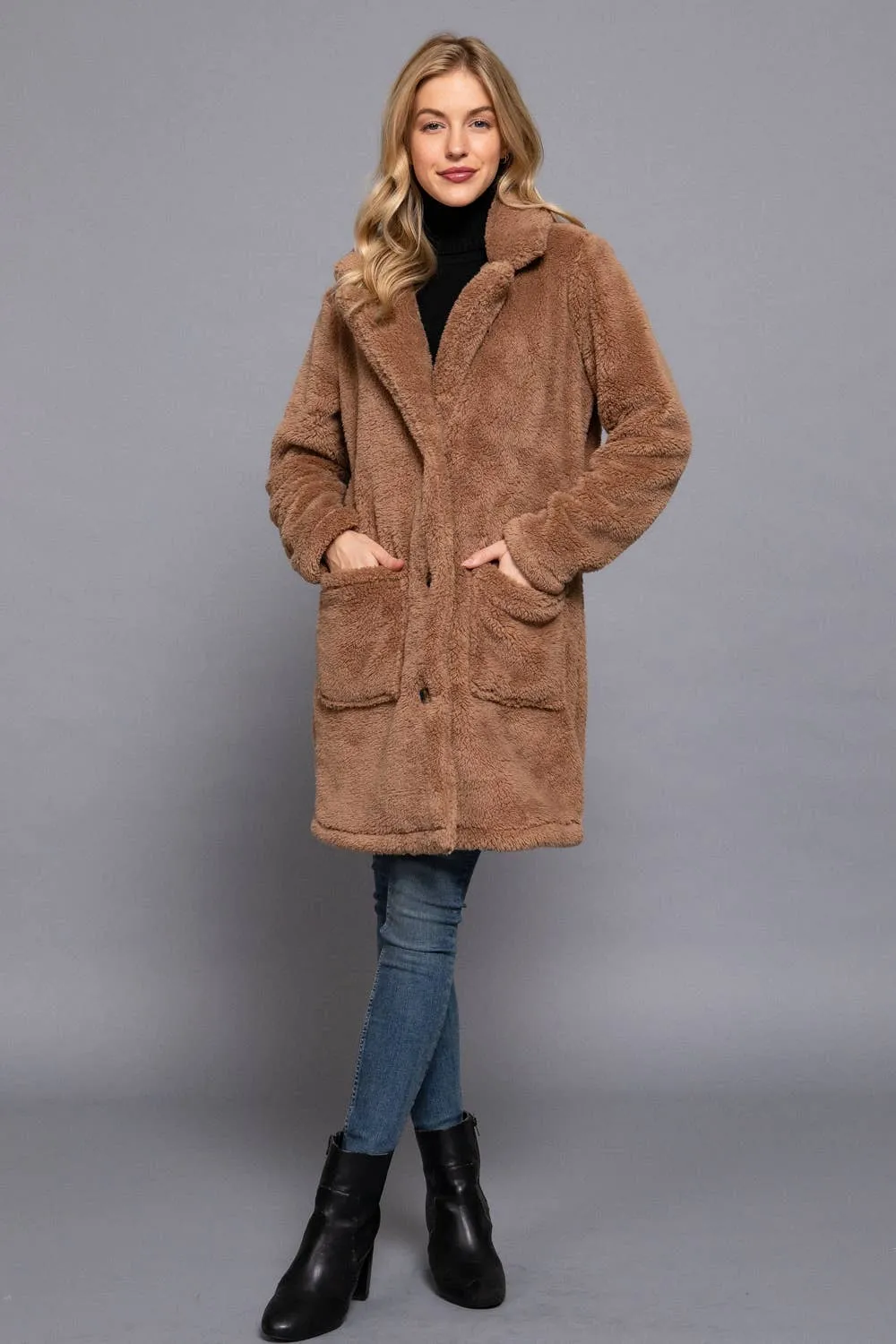 Long Sleeve Notched Collar Patch Pocket Sherpa Coat