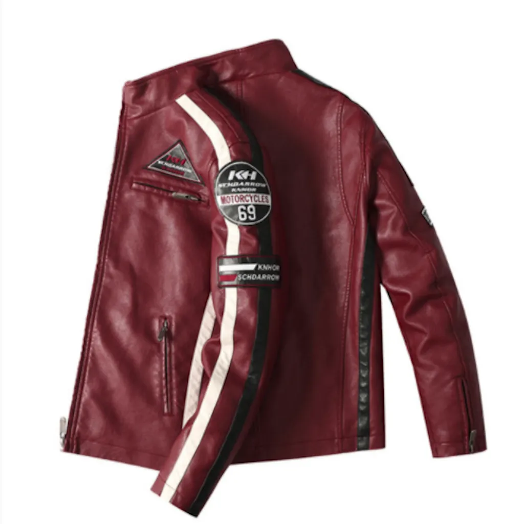 Men's Biker Vegan Leather Jacket with Badges