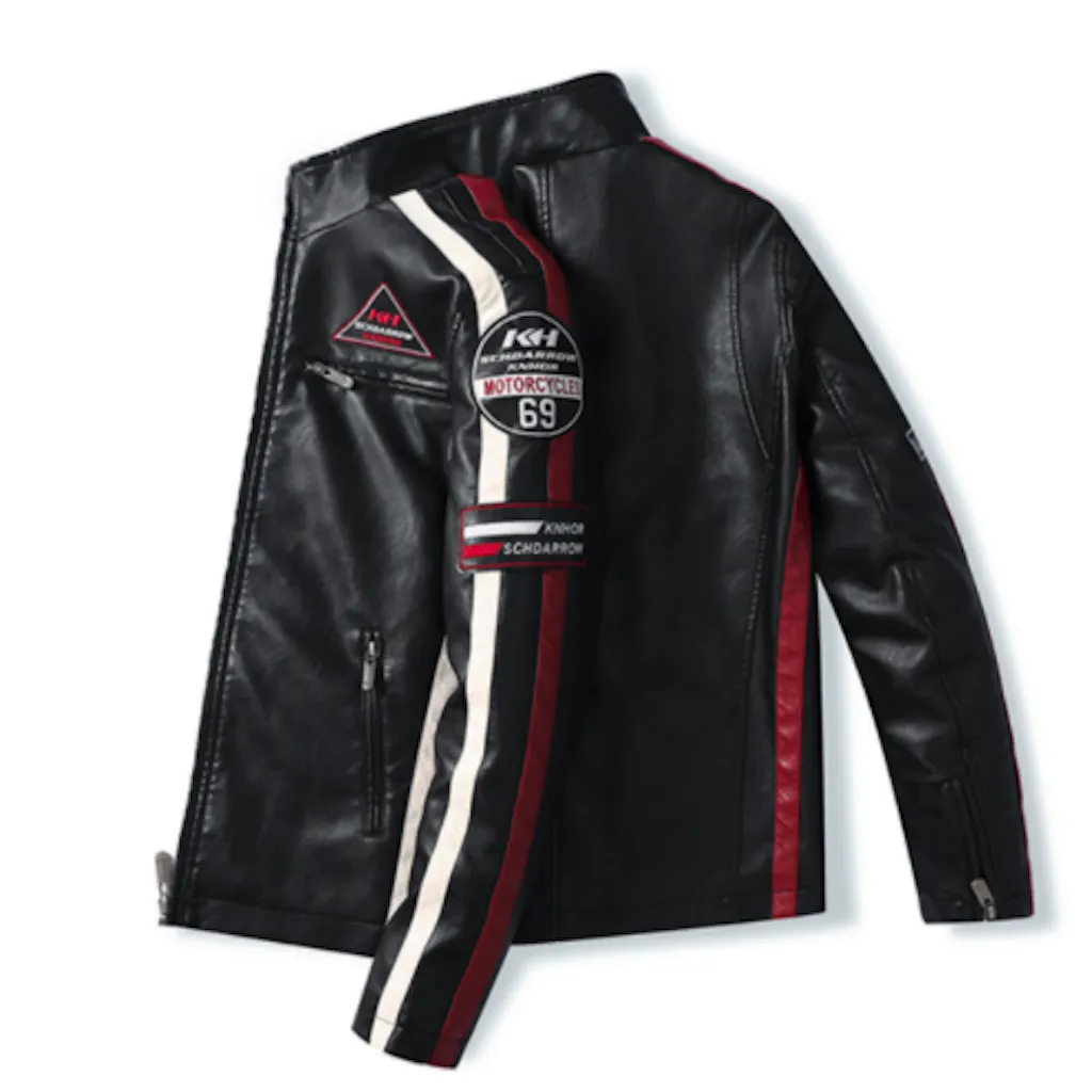 Men's Biker Vegan Leather Jacket with Badges