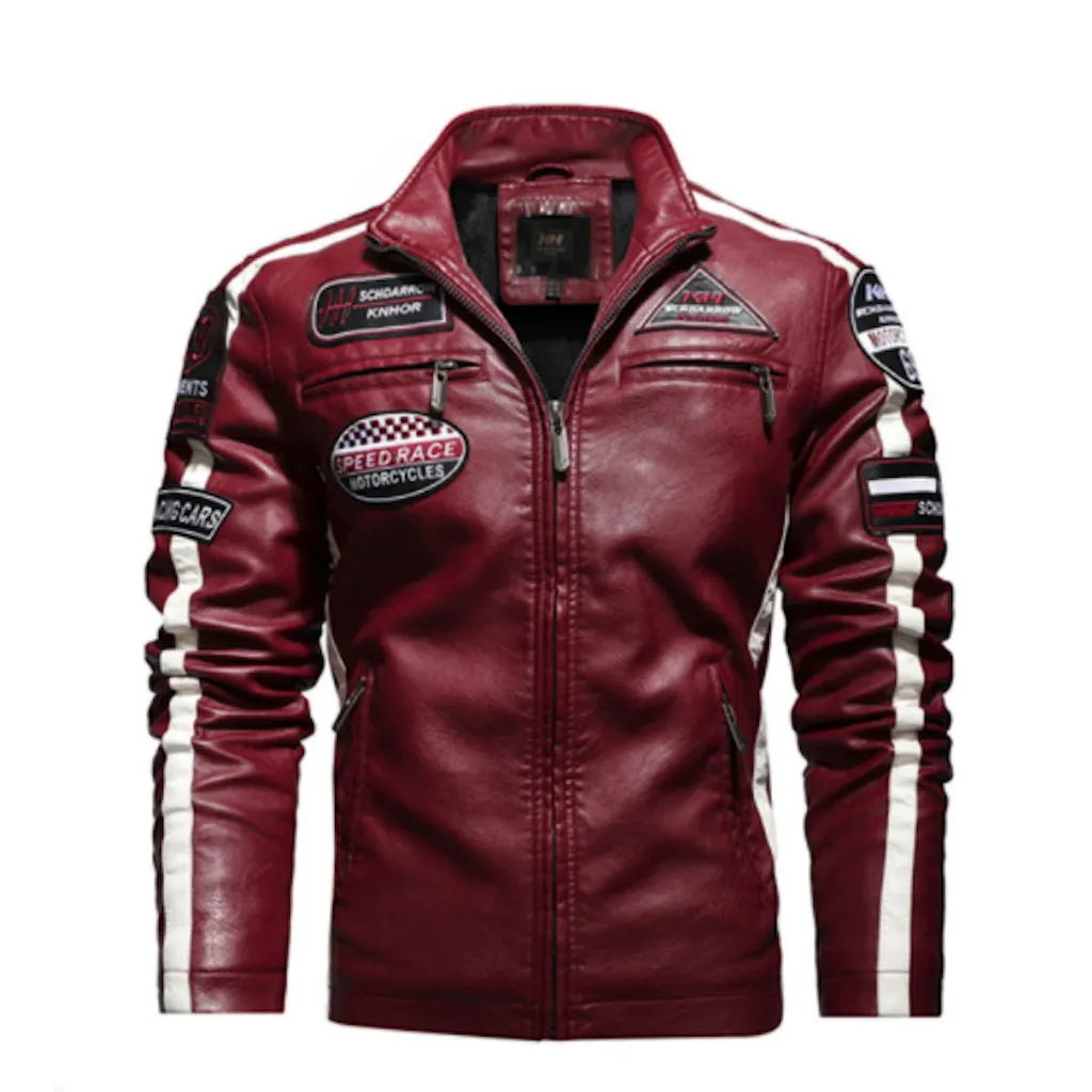 Men's Biker Vegan Leather Jacket with Badges