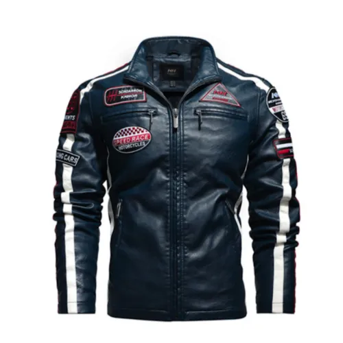 Men's Biker Vegan Leather Jacket with Badges