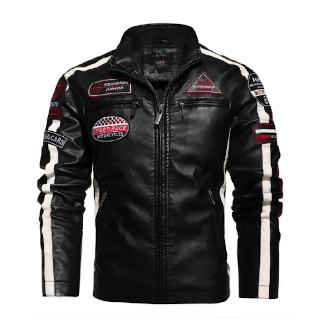 Men's Biker Vegan Leather Jacket with Badges