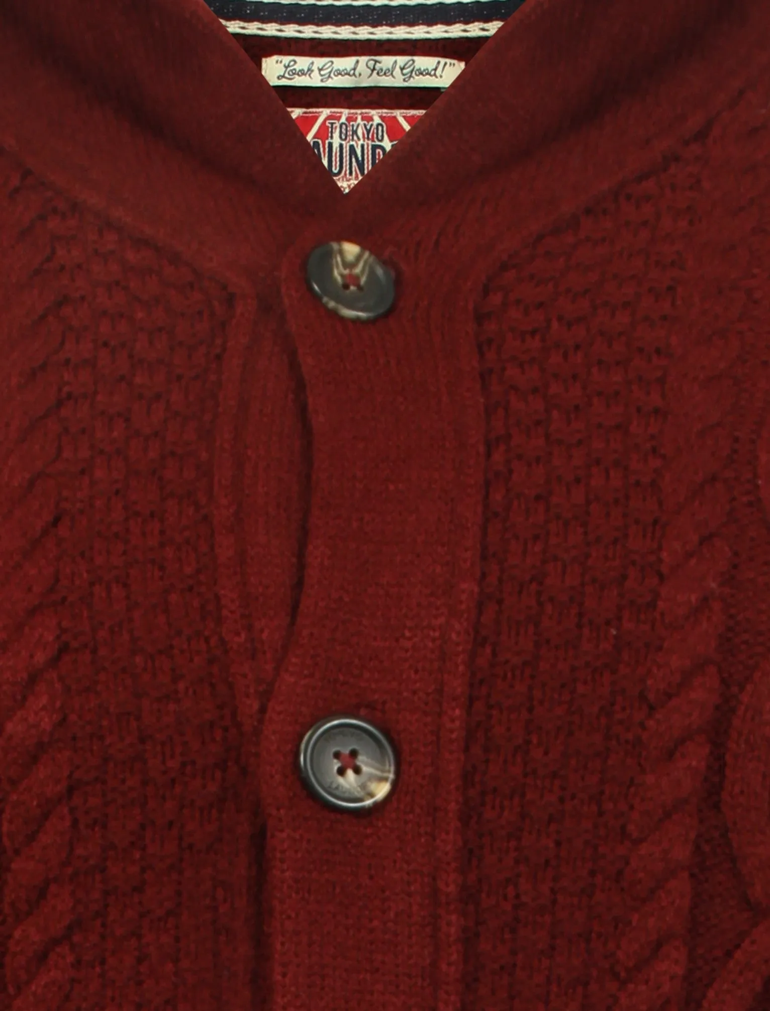 Men's cable knit chunky red cardigan - Tokyo Laundry